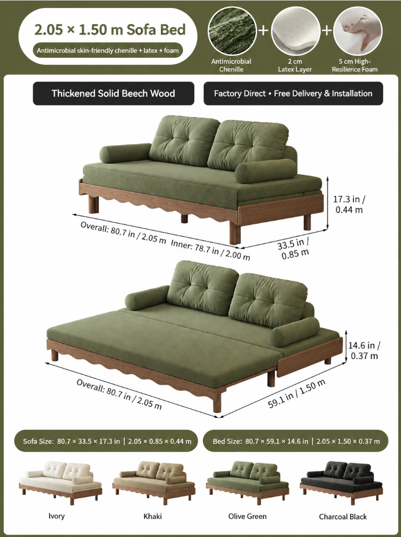 Solid Beech Wood Pull-Out Sofa Bed with Chenille Upholstery