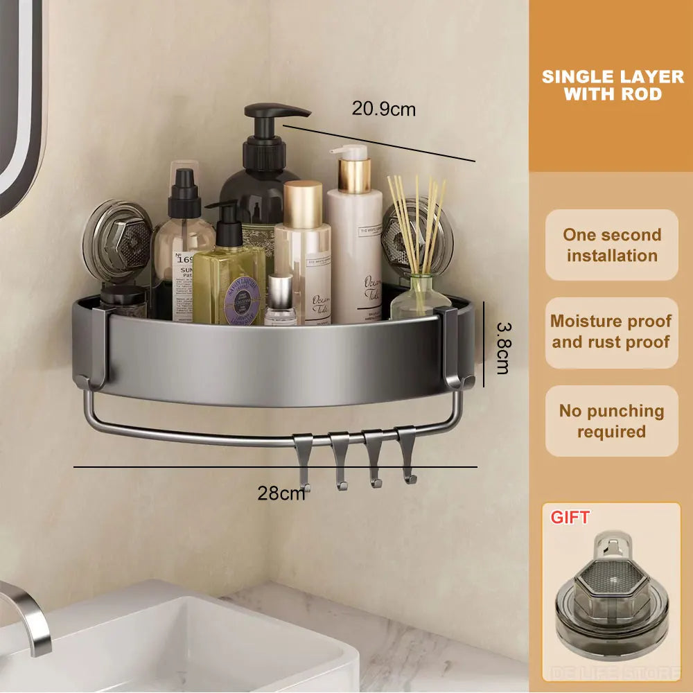 Aluminum Bathroom Shelves With Suction Cup Corner Shelf Without Drilling Shower Rack Wall Shampoo Holder Bathroom Organizer