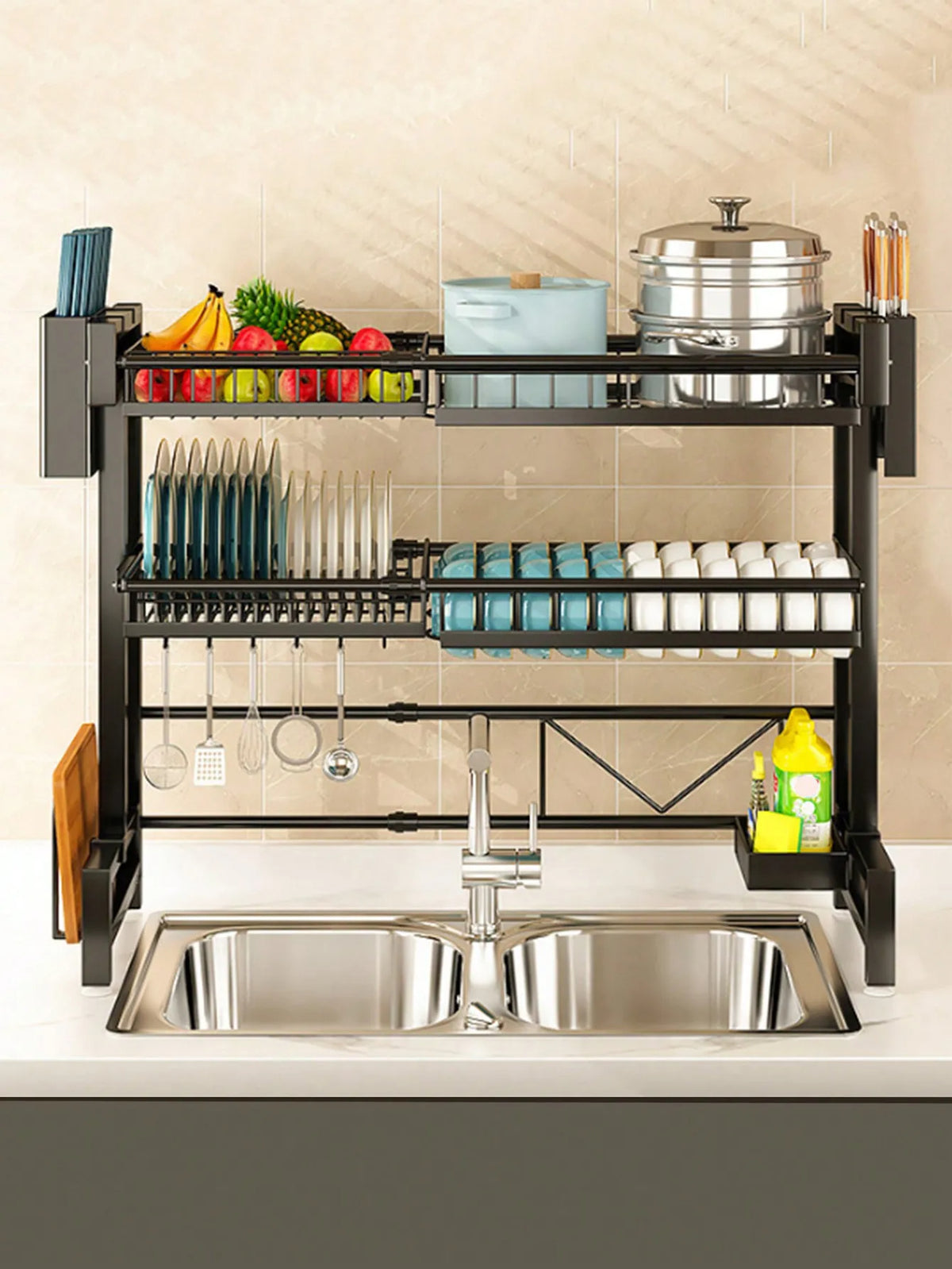 Expandable 2-Tier Stainless Steel Sink Dish Rack with Cutlery & Chopstick Holders