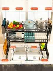 Expandable 2-Tier Stainless Steel Sink Dish Rack with Cutlery & Chopstick Holders