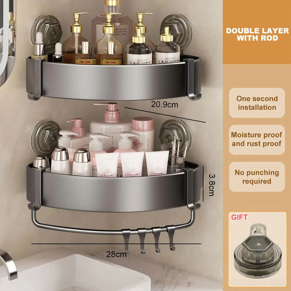 Aluminum Bathroom Shelves With Suction Cup Corner Shelf Without Drilling Shower Rack Wall Shampoo Holder Bathroom Organizer