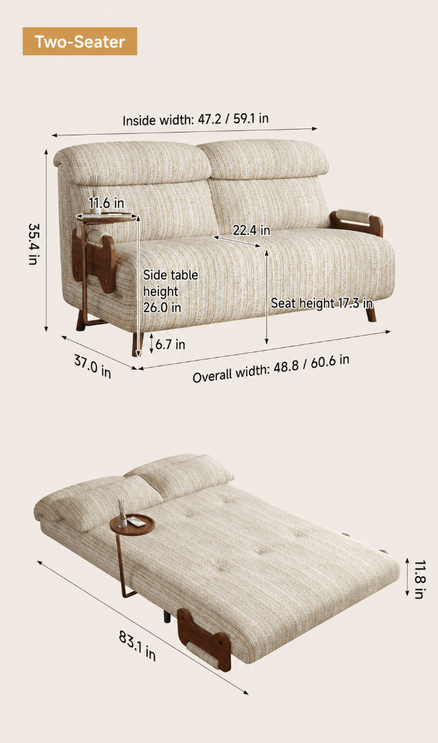 5-Position Convertible Sofa Bed with 360° Swivel Side Table - Androf