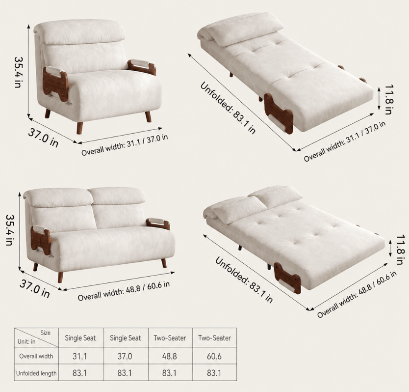 5-Position Convertible Sofa Bed with 360° Swivel Side Table - Androf