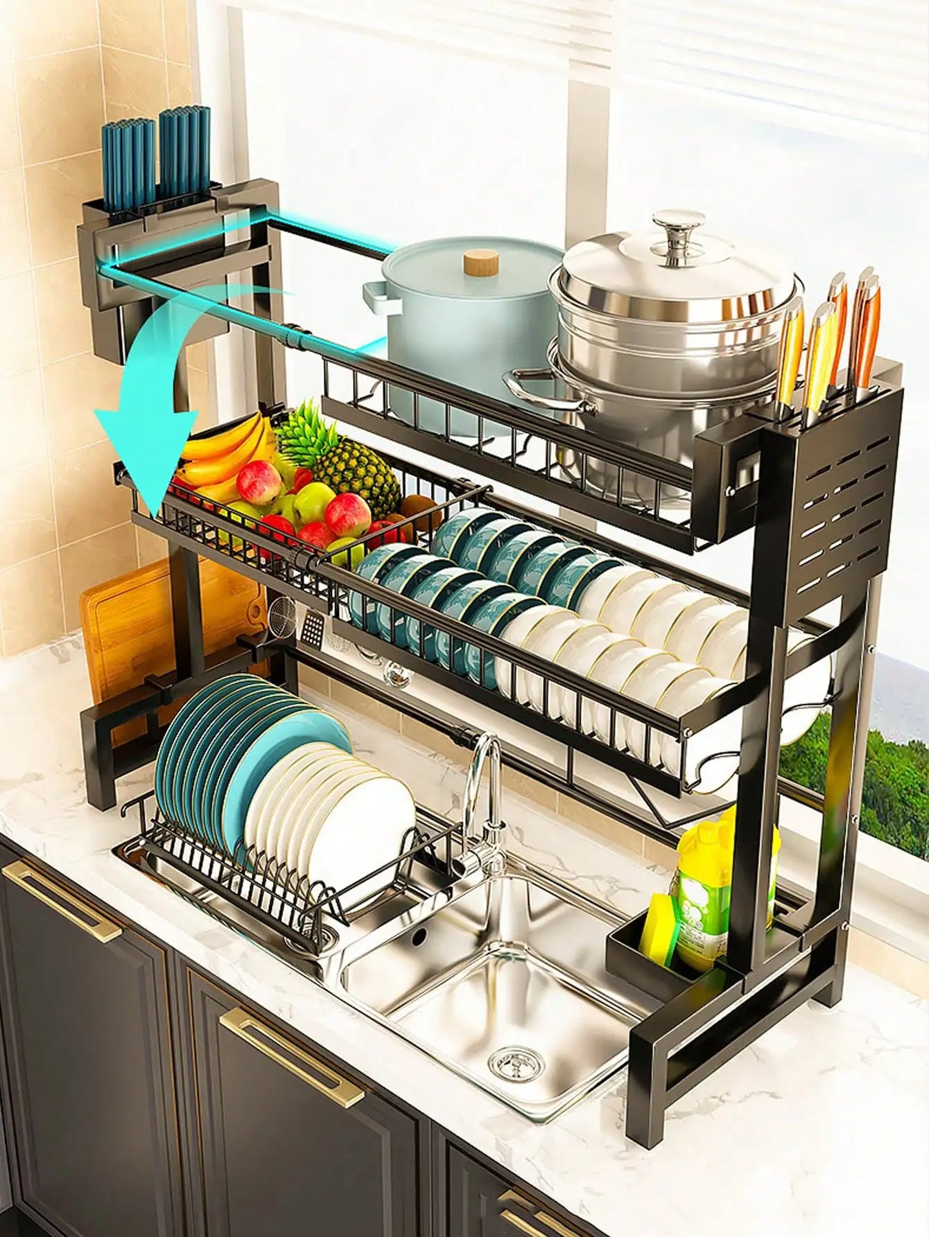 Expandable 2-Tier Stainless Steel Sink Dish Rack with Cutlery & Chopstick Holders