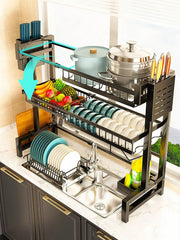 Expandable 2-Tier Stainless Steel Sink Dish Rack with Cutlery & Chopstick Holders