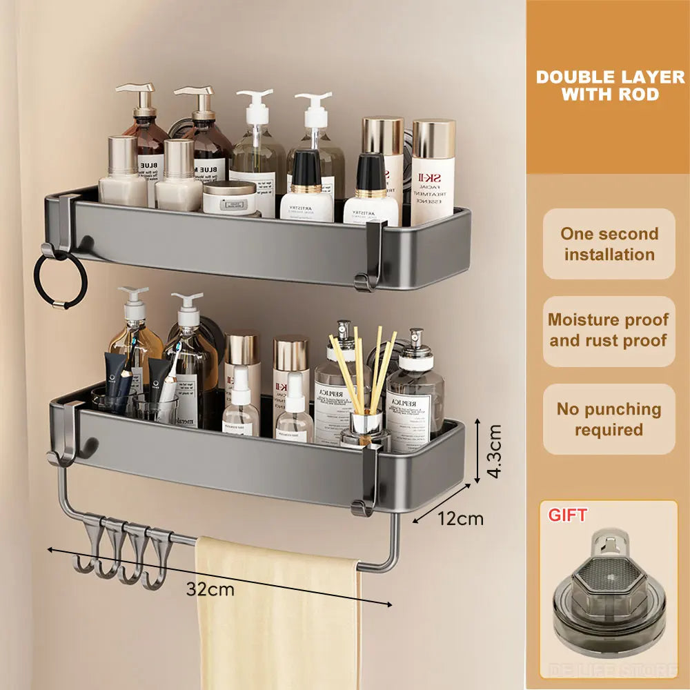 Aluminum Bathroom Shelves With Suction Cup Corner Shelf Without Drilling Shower Rack Wall Shampoo Holder Bathroom Organizer