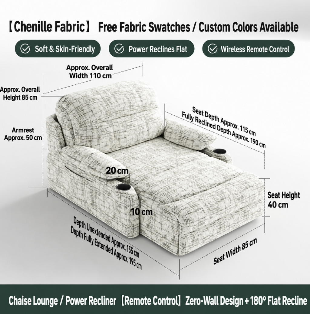 Zero-Wall Power Recliner Chair with Lay-Flat Bed, Cup Holders & Optional Massage