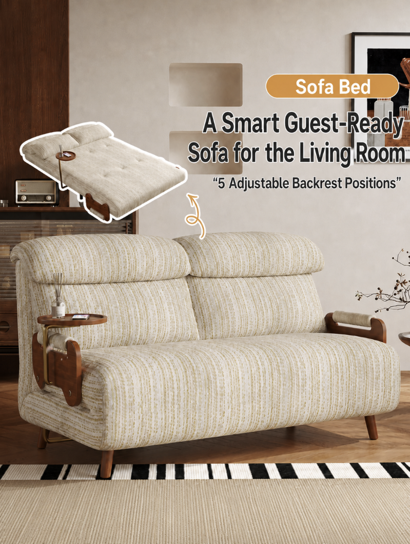 5-Position Convertible Sofa Bed with 360° Swivel Side Table