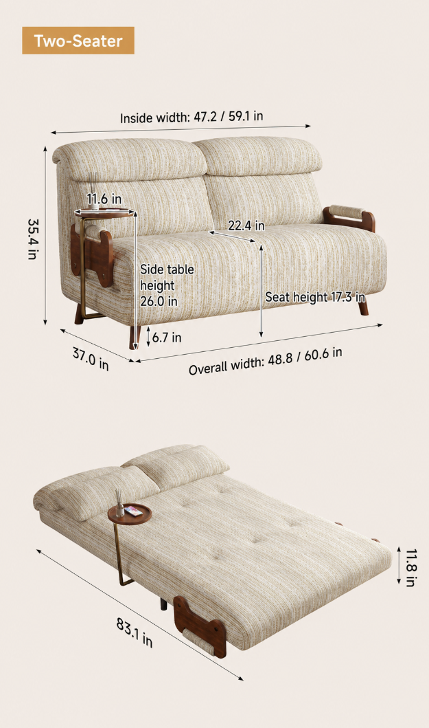 5-Position Convertible Sofa Bed with 360° Swivel Side Table