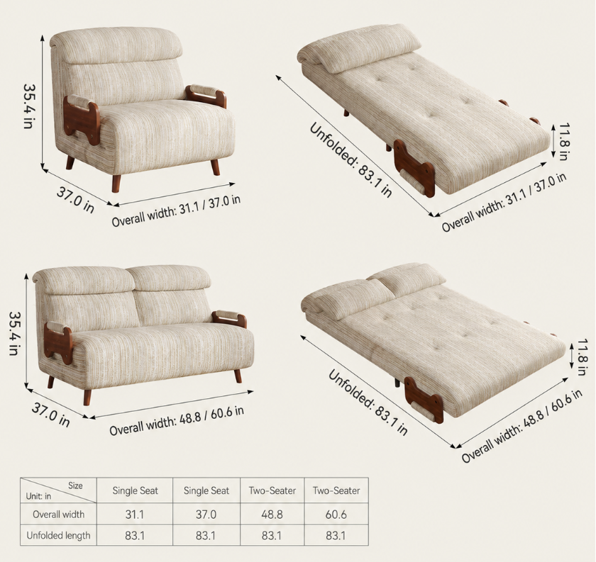 5-Position Convertible Sofa Bed with 360° Swivel Side Table