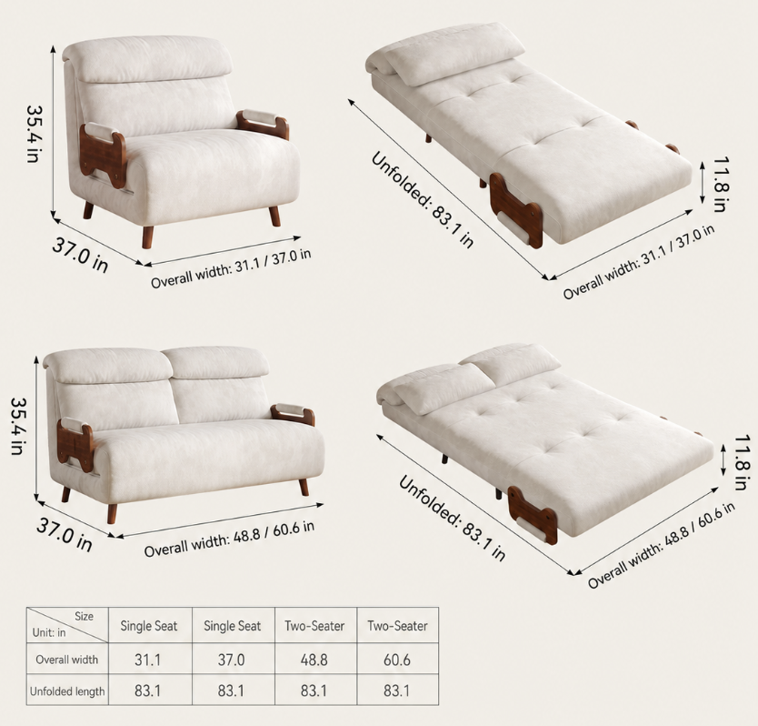 5-Position Convertible Sofa Bed with 360° Swivel Side Table