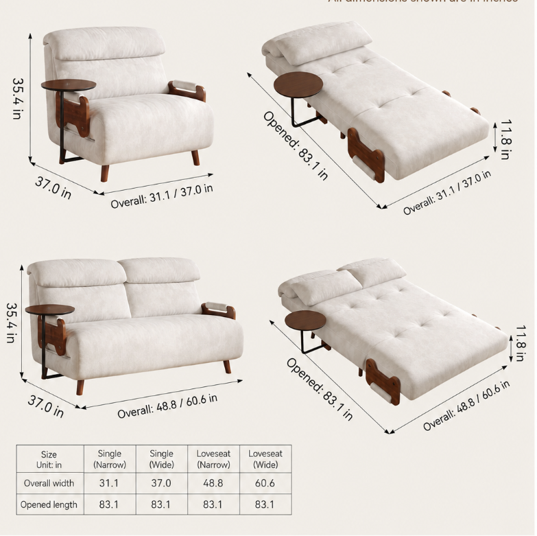 5-Position Convertible Sofa Bed with 360° Swivel Side Table
