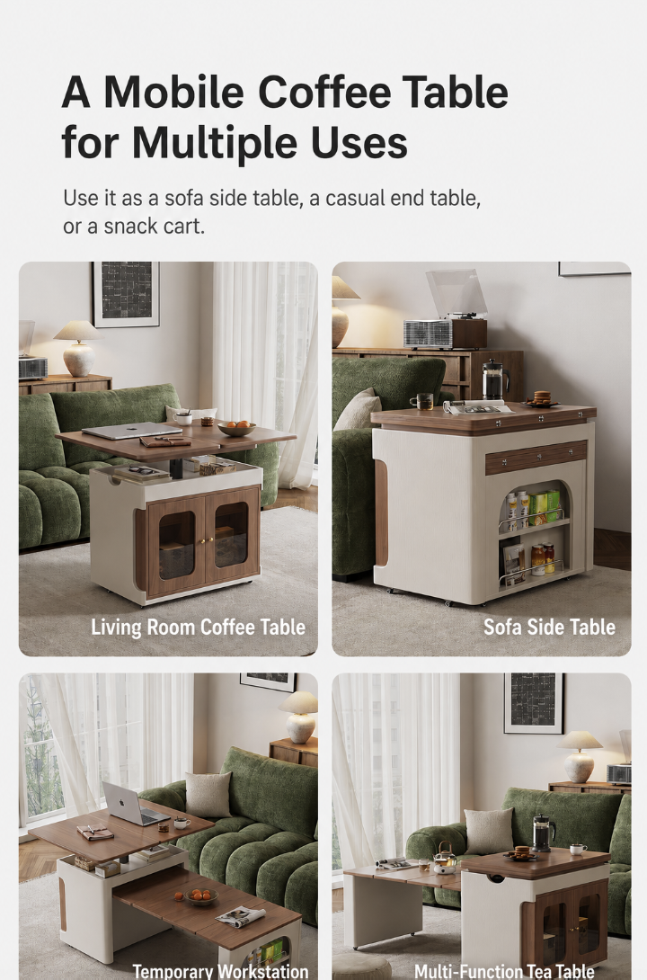 Transforming Solid Wood Lift-Top Coffee & Dining Table with Storage