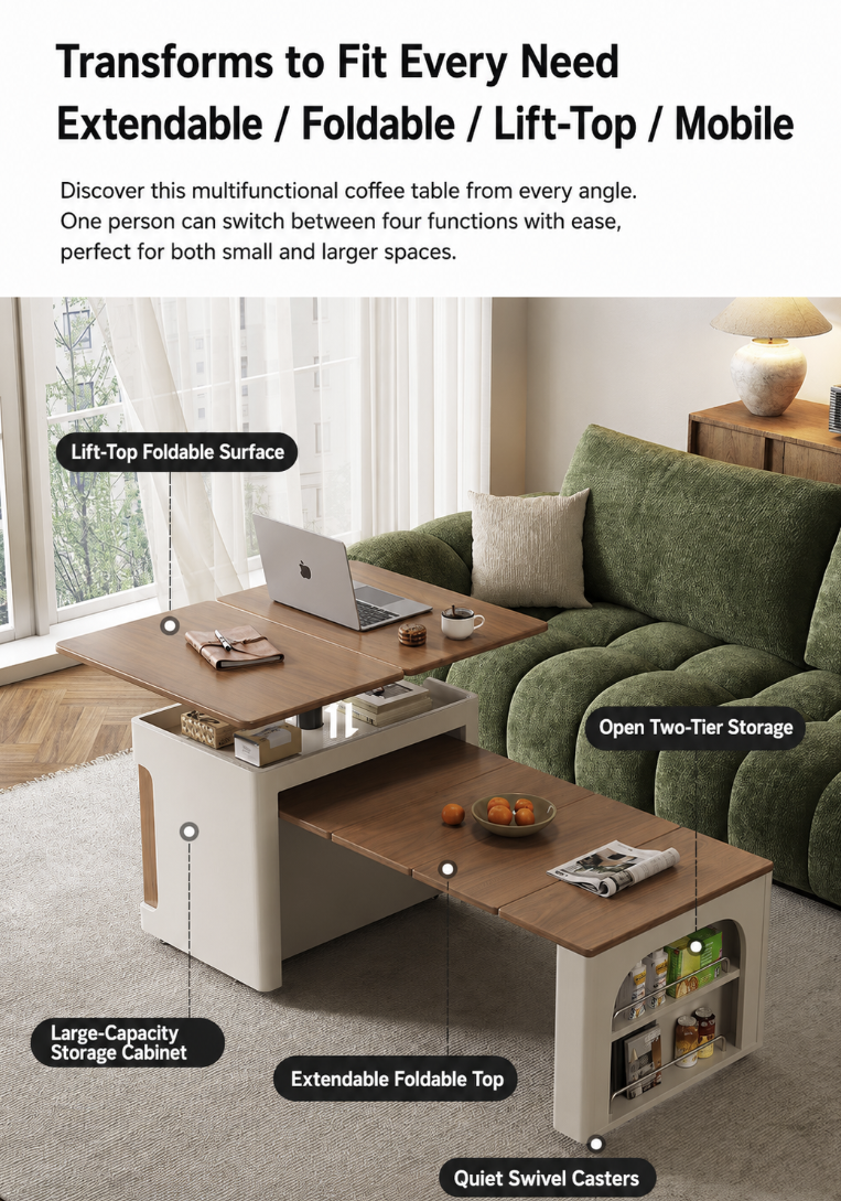 Transforming Solid Wood Lift-Top Coffee & Dining Table with Storage