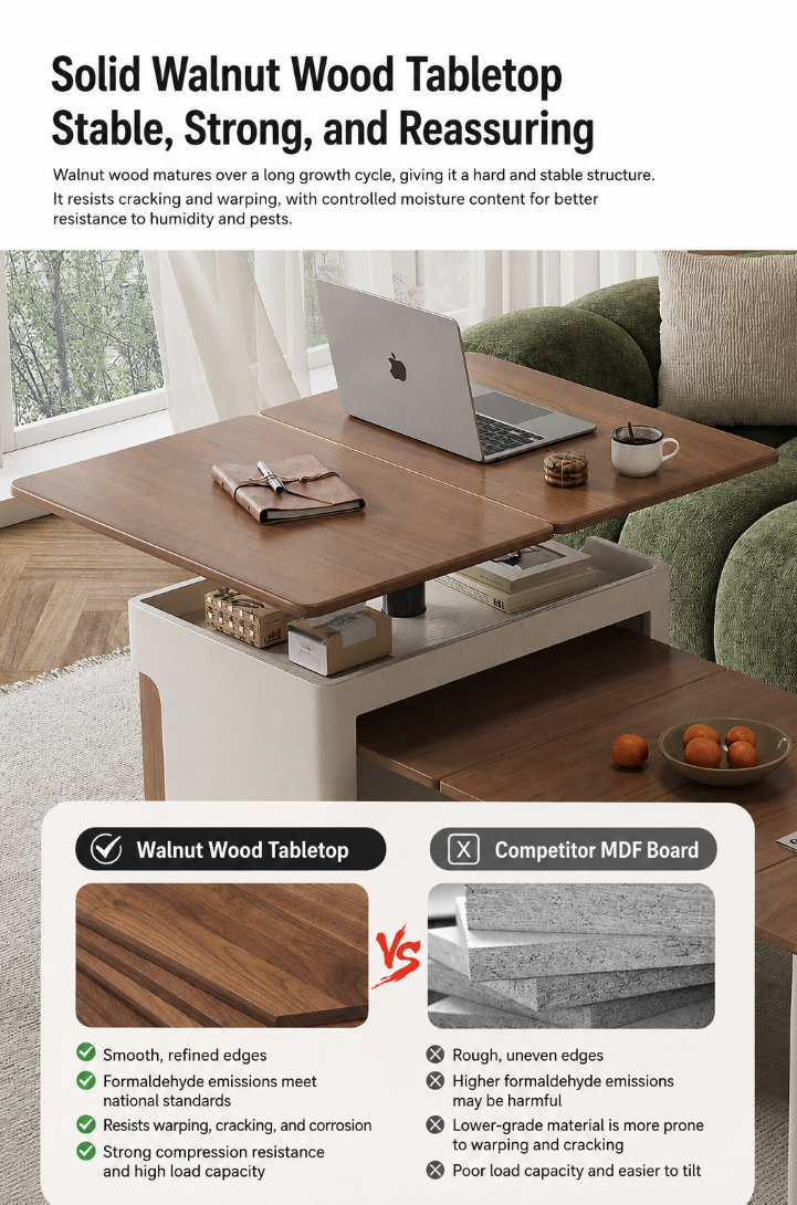 Transforming Solid Wood Lift-Top Coffee & Dining Table with Storage