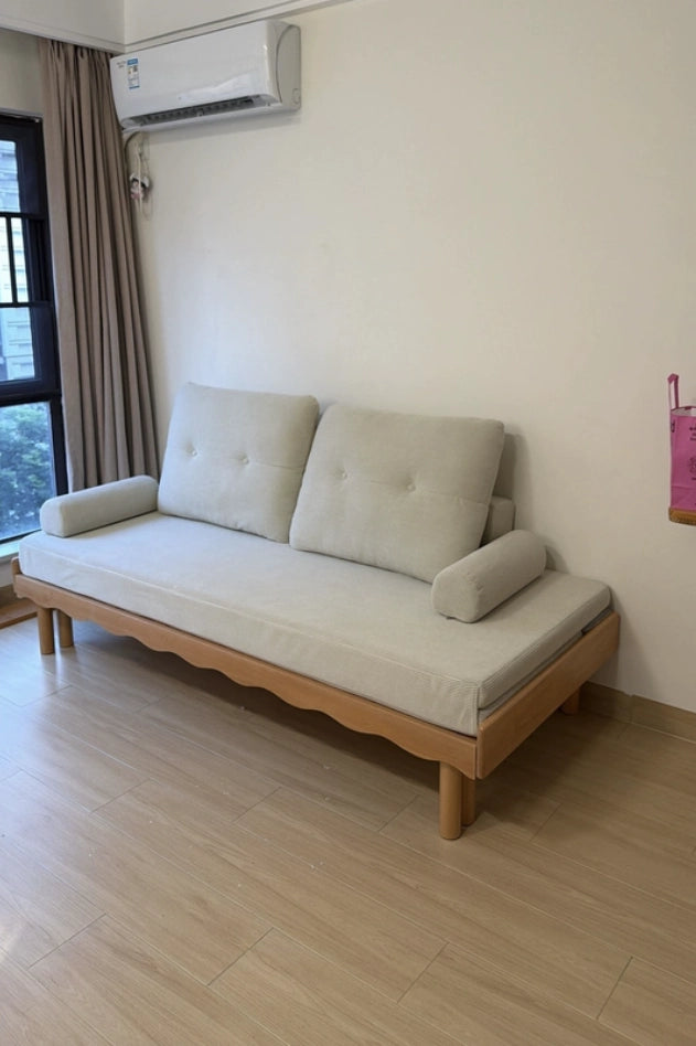 Solid Beech Wood Pull-Out Sofa Bed with Chenille Upholstery