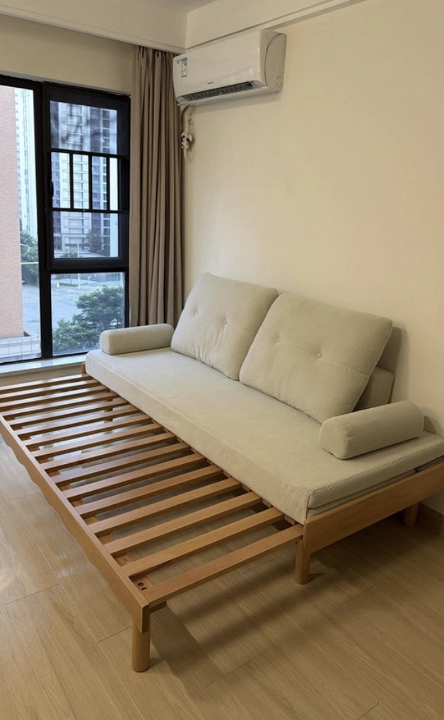 Solid Beech Wood Pull-Out Sofa Bed with Chenille Upholstery
