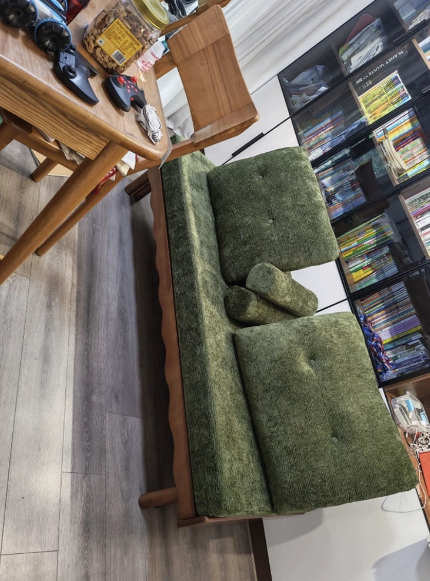 Solid Beech Wood Pull-Out Sofa Bed with Chenille Upholstery