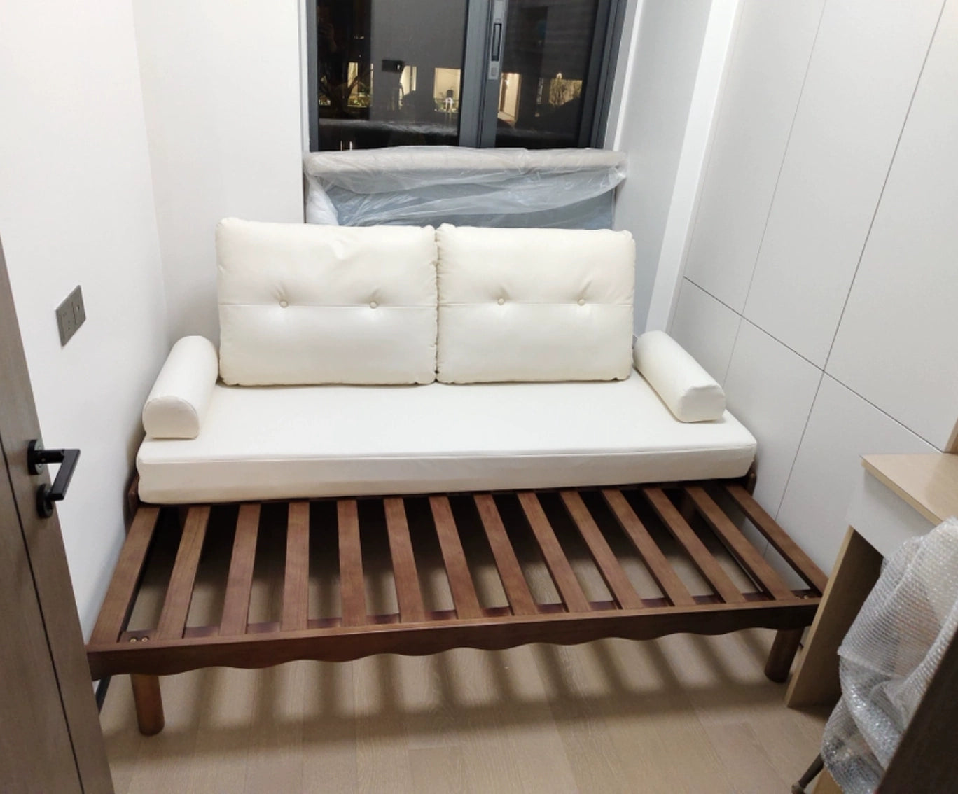 Solid Beech Wood Pull-Out Sofa Bed with Chenille Upholstery