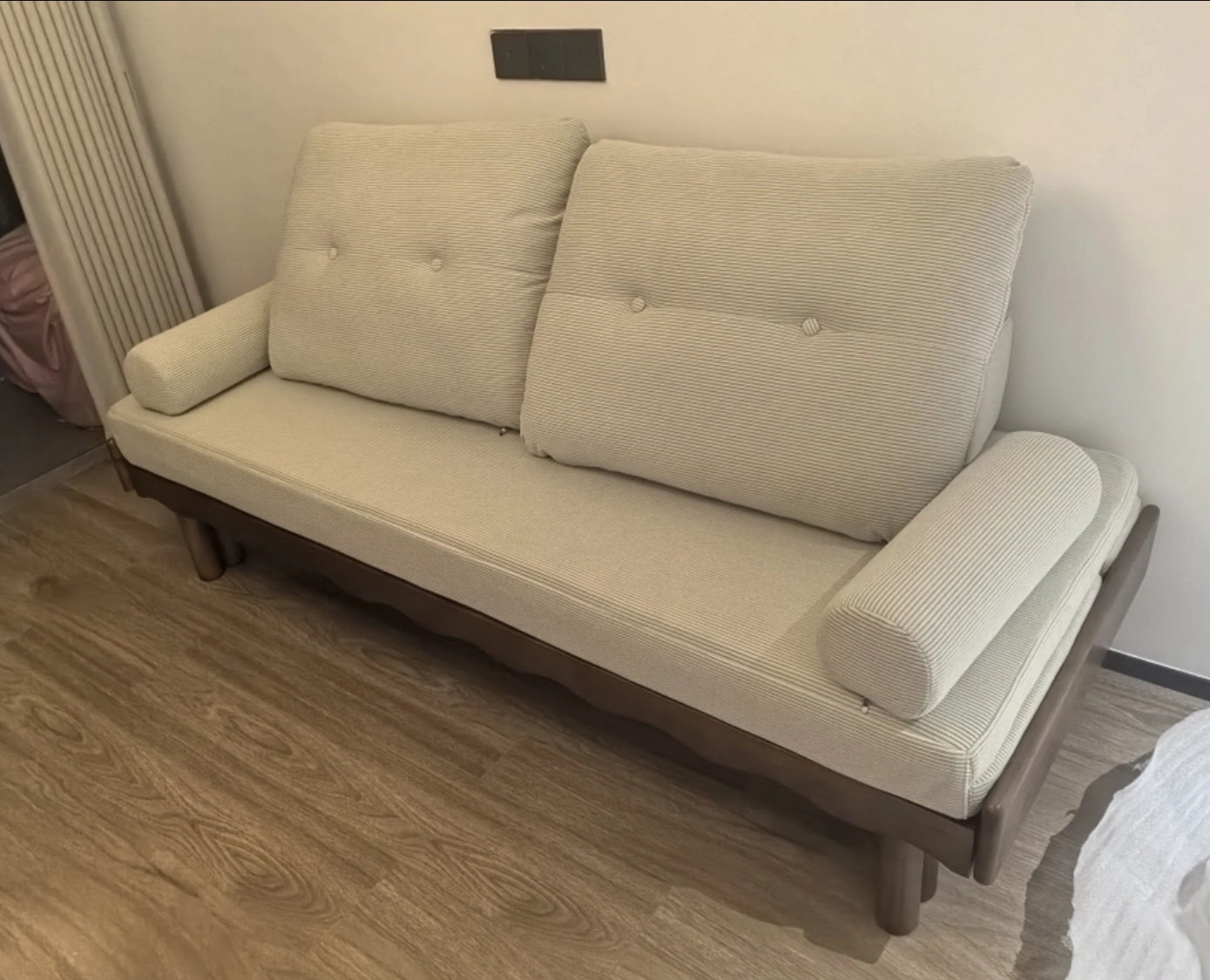 Solid Beech Wood Pull-Out Sofa Bed with Chenille Upholstery