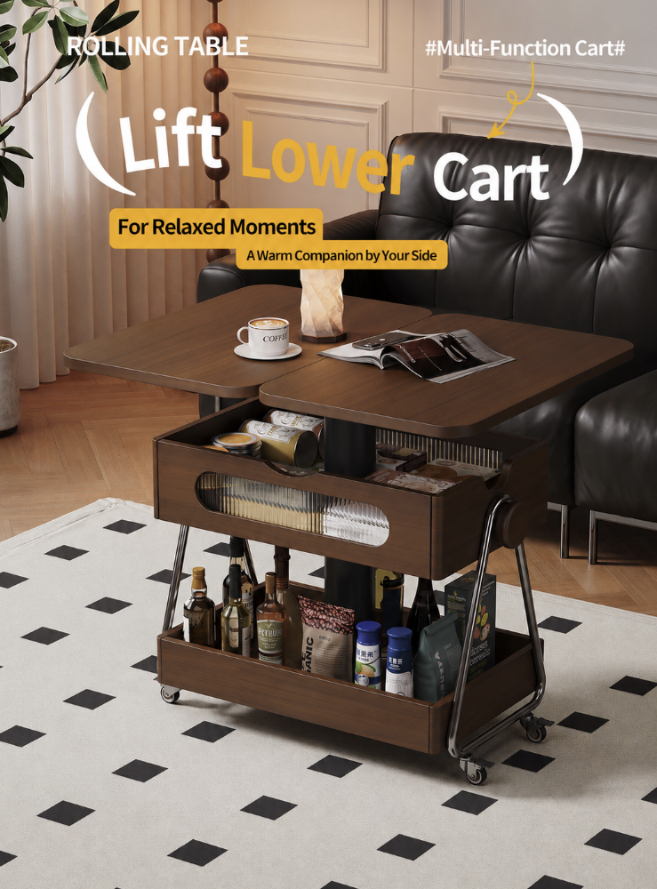 Lift-Up Expandable Rolling Coffee Table with Storage