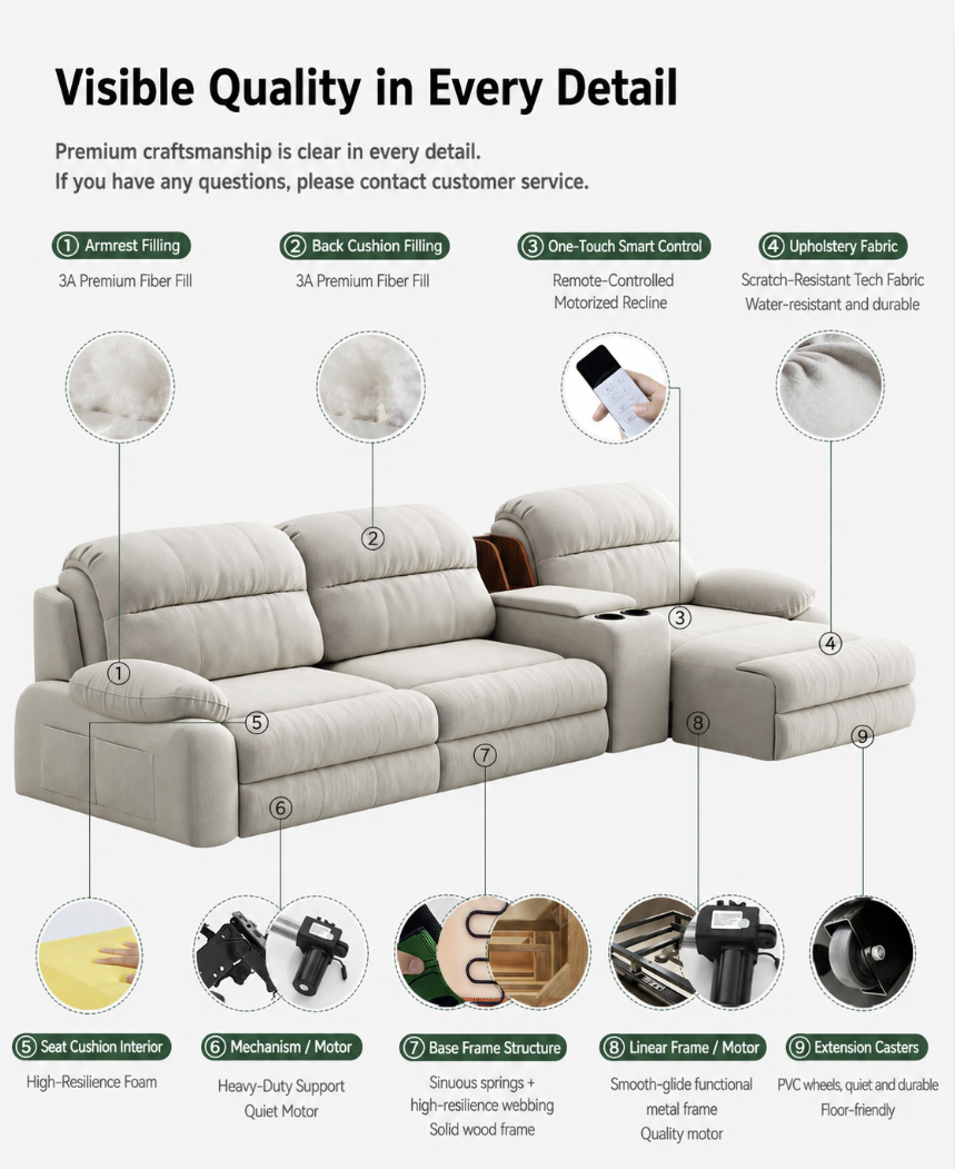 Modular Zero-Wall Power Reclining Sectional Sofa with Storage Console