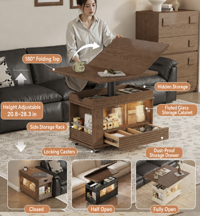 Solid Wood Transforming Coffee Table with Lift-Top & Storage