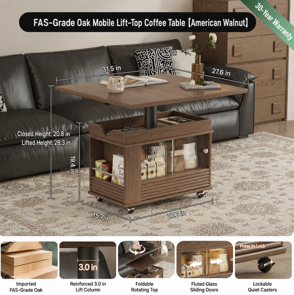 Solid Wood Transforming Coffee Table with Lift-Top & Storage