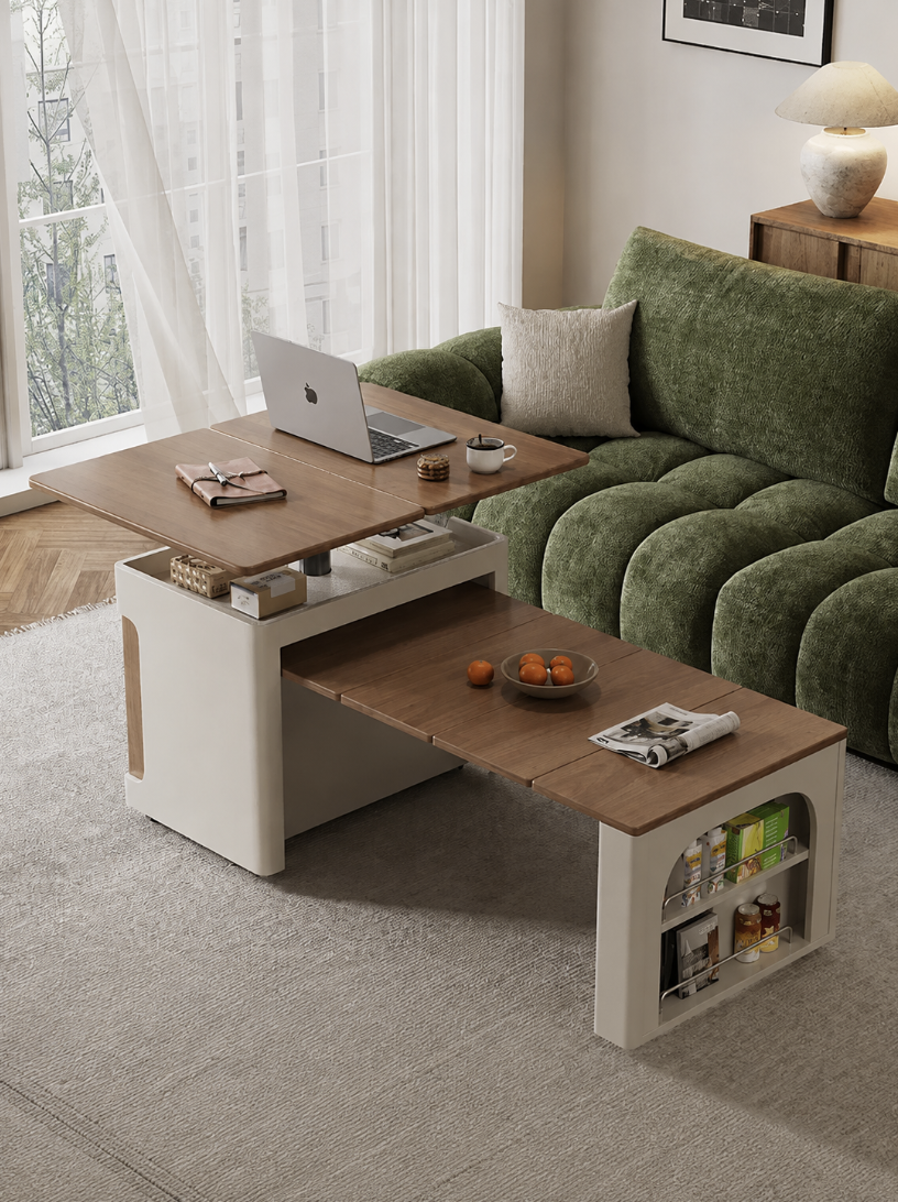 Transforming Solid Wood Lift-Top Coffee & Dining Table with Storage