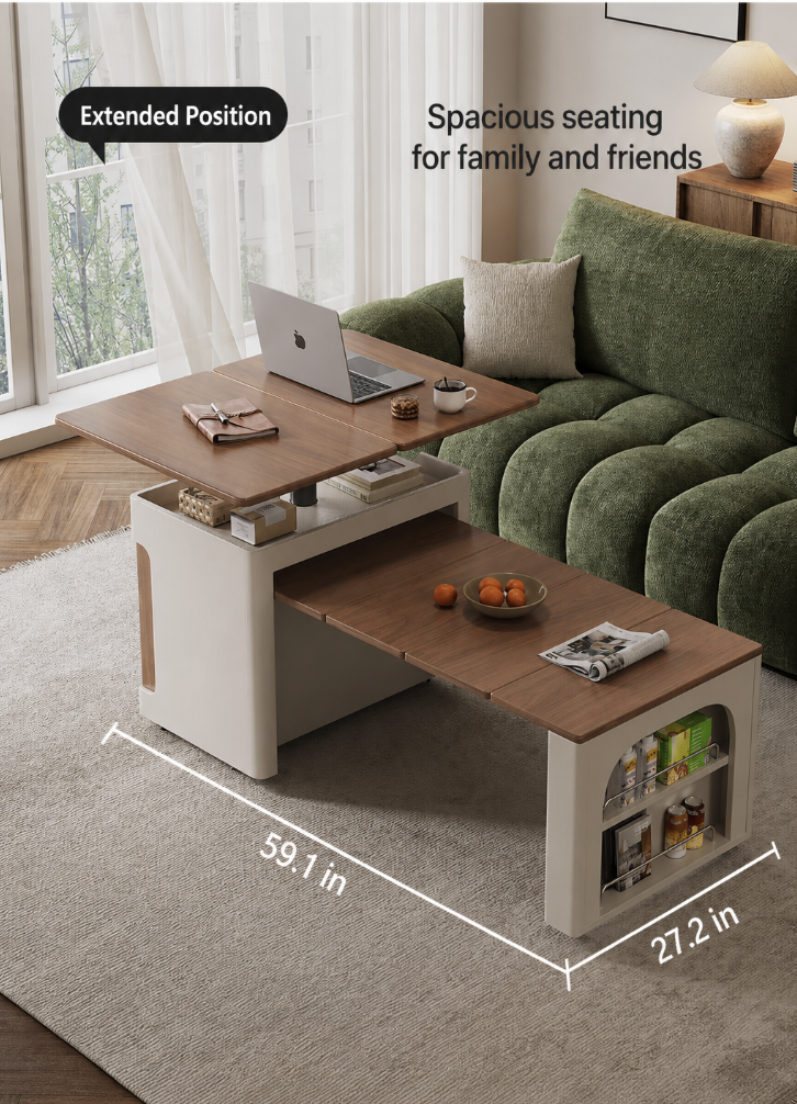 Transforming Solid Wood Lift-Top Coffee & Dining Table with Storage