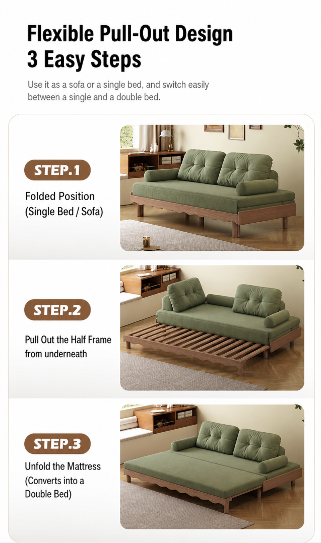Solid Beech Wood Pull-Out Sofa Bed with Chenille Upholstery