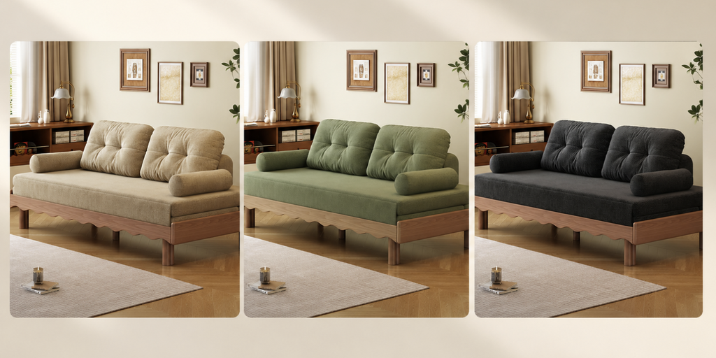 Solid Beech Wood Pull-Out Sofa Bed with Chenille Upholstery