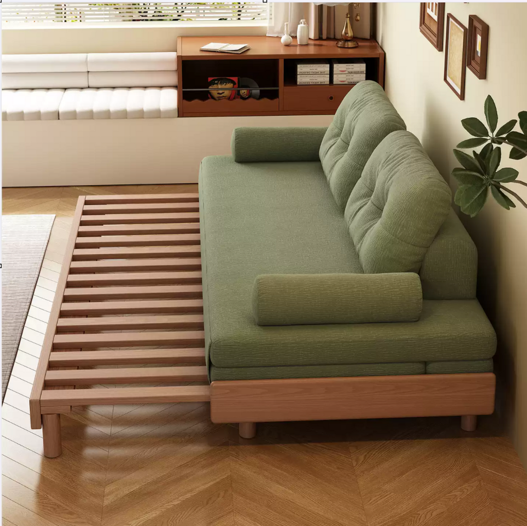 Solid Beech Wood Pull-Out Sofa Bed with Chenille Upholstery