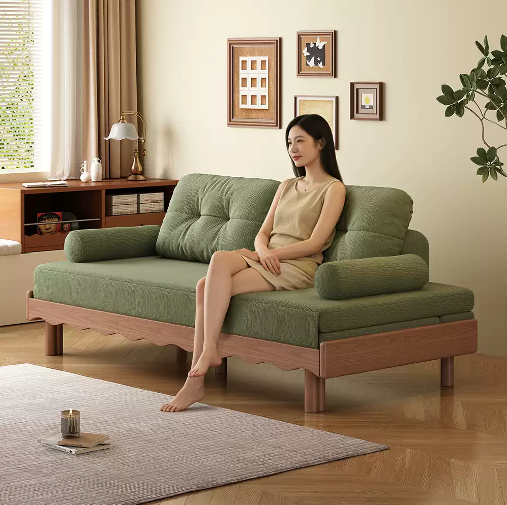 Solid Beech Wood Pull-Out Sofa Bed with Chenille Upholstery