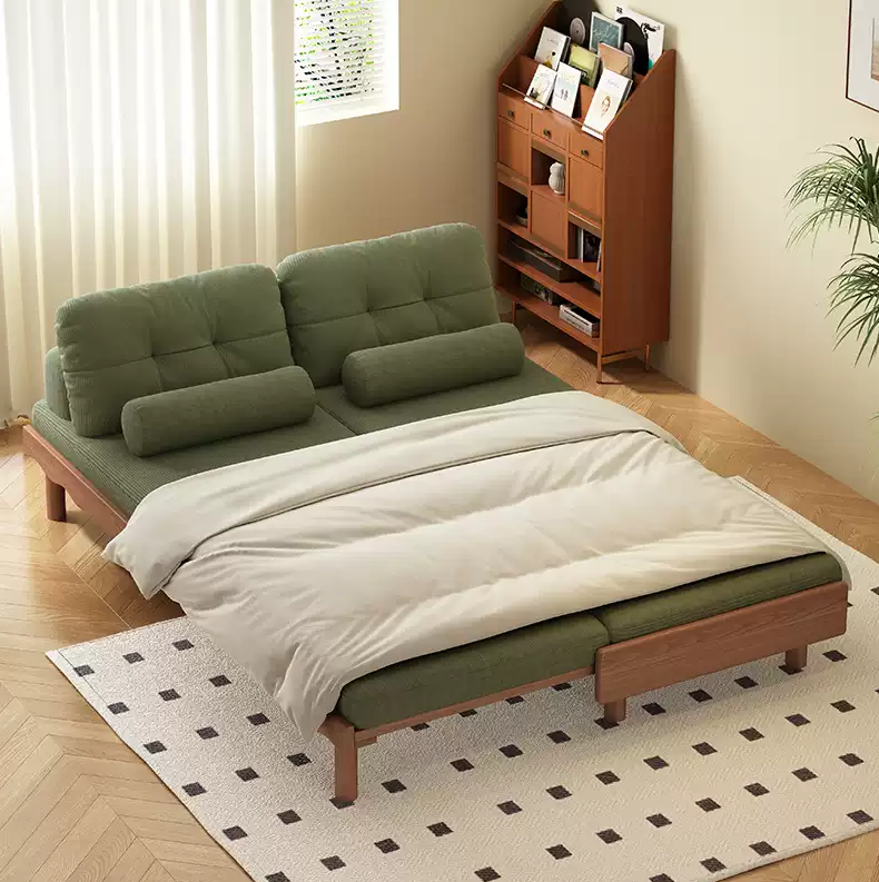 Solid Beech Wood Pull-Out Sofa Bed with Chenille Upholstery
