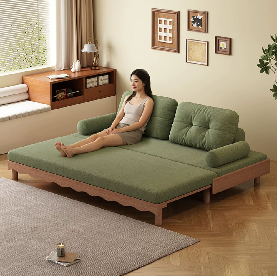 Solid Beech Wood Pull-Out Sofa Bed with Chenille Upholstery