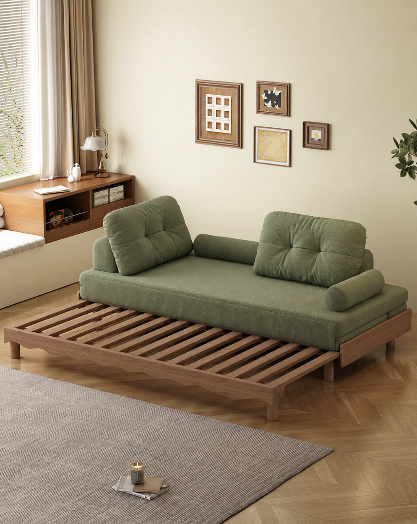 Solid Beech Wood Pull-Out Sofa Bed with Chenille Upholstery