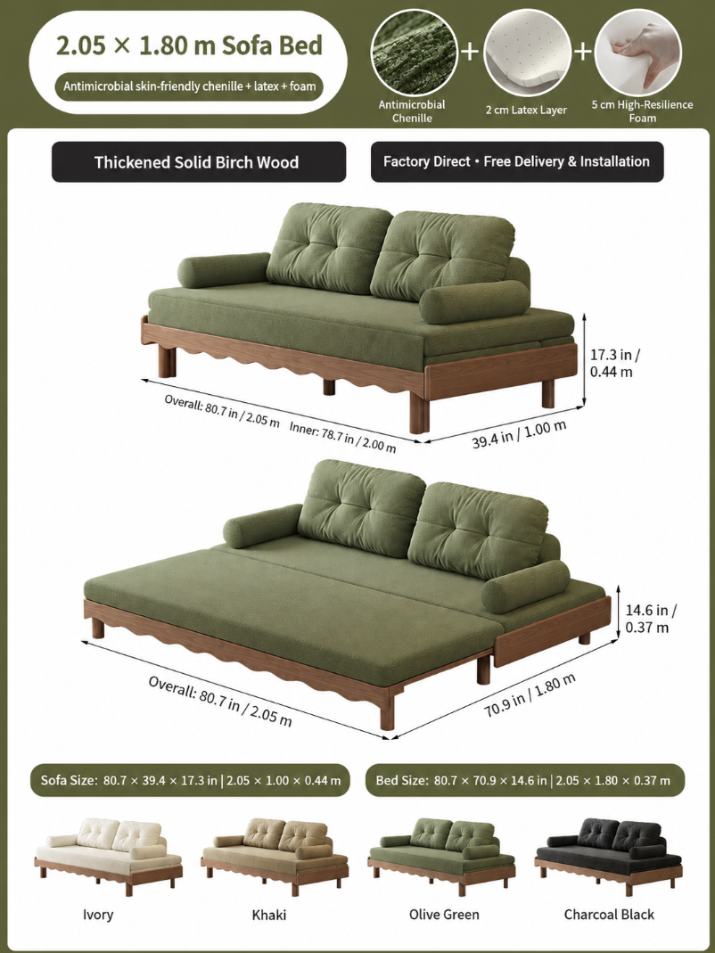 Solid Beech Wood Pull-Out Sofa Bed with Chenille Upholstery