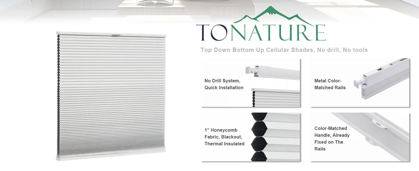 No-Drill Top-Down Bottom-Up Honeycomb Blinds – Cordless, Thermal Insulated, Noise Reduction