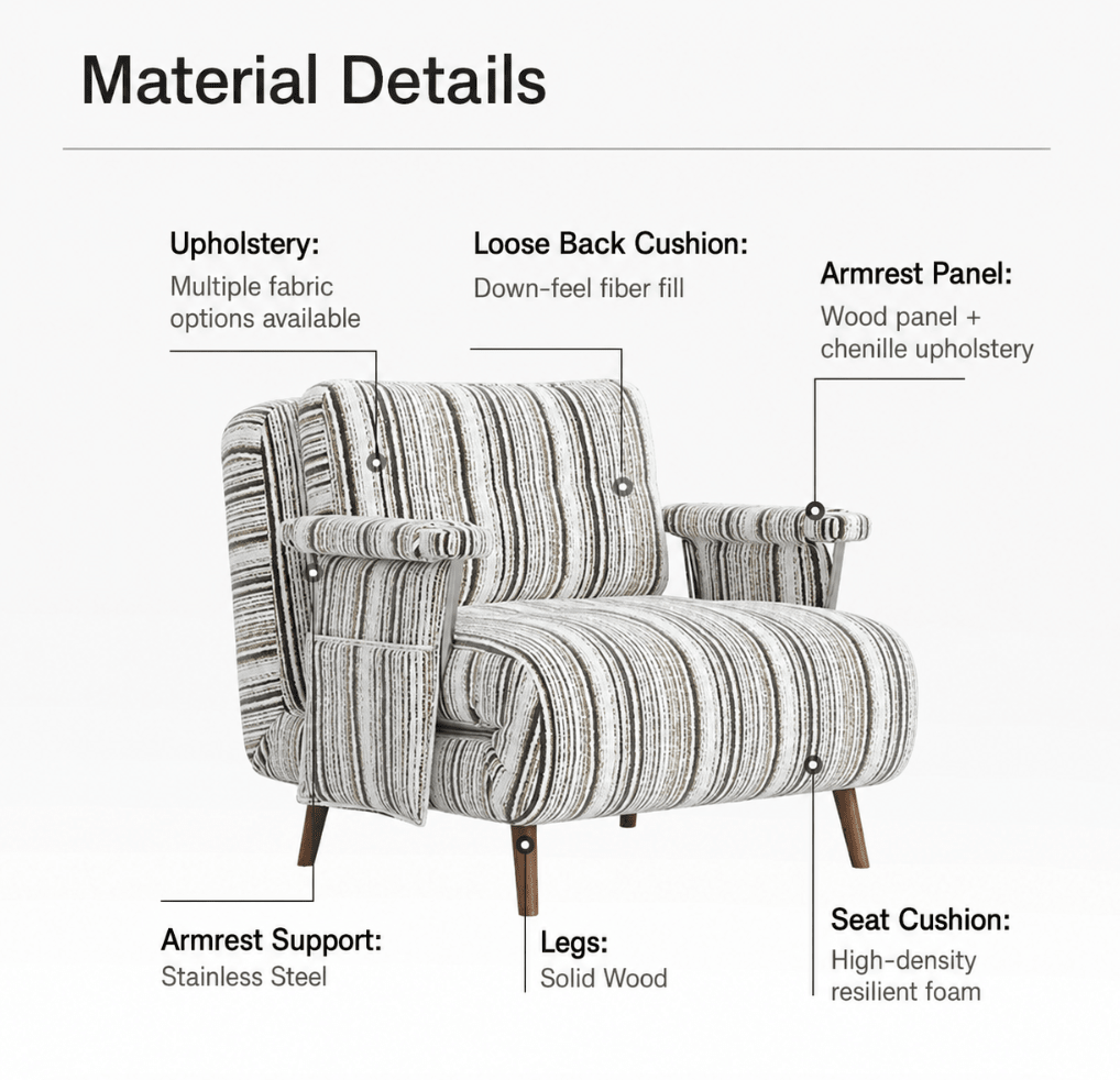 Convertible Striped Sofa Bed with Adjustable Recline & Removable Armrests - Androf