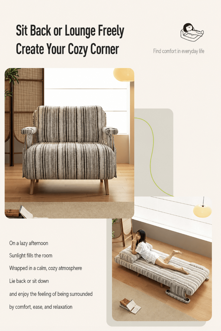 Convertible Striped Sofa Bed with Adjustable Recline & Removable Armrests - Androf