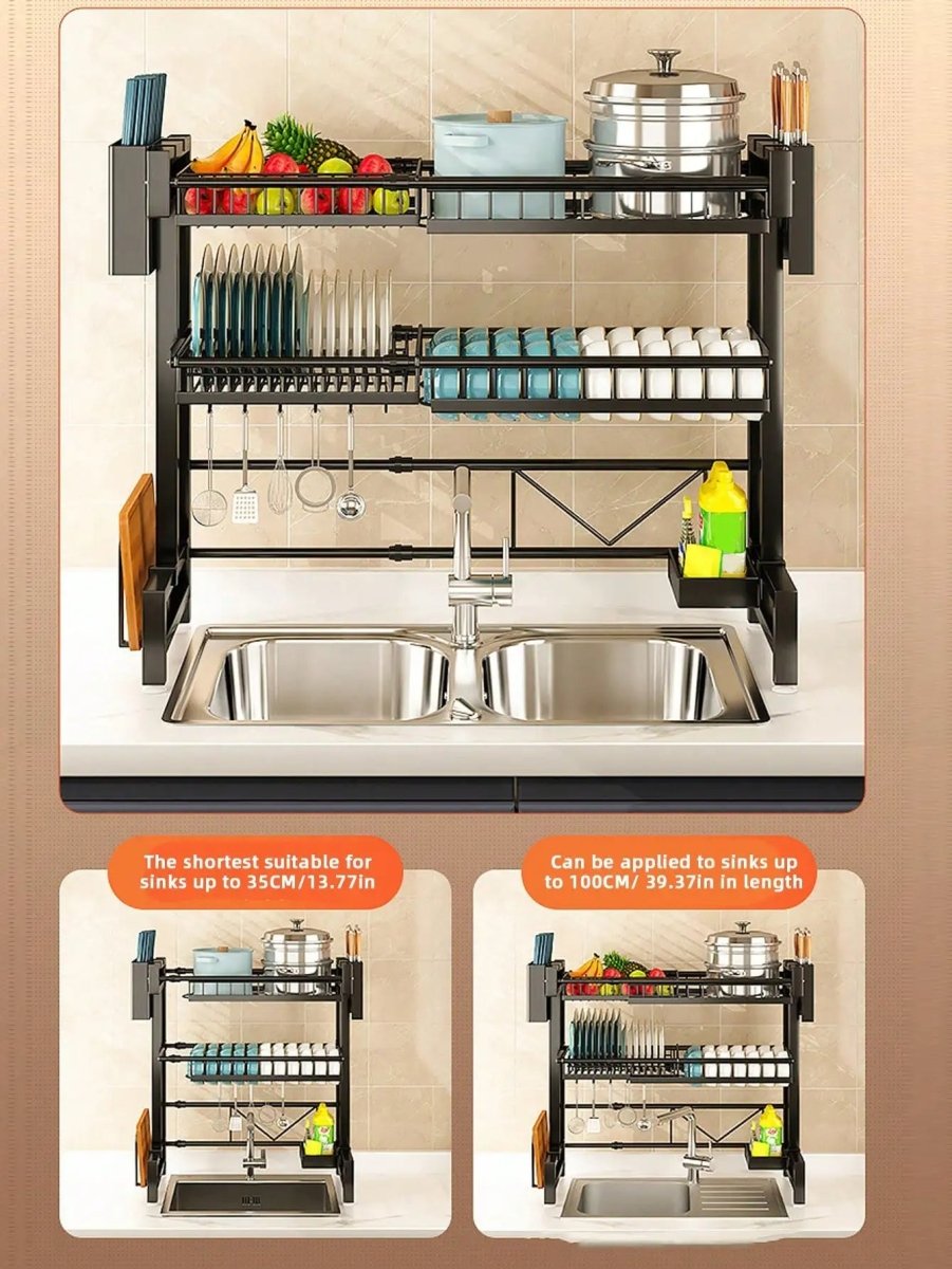 Expandable 2 - Tier Stainless Steel Sink Dish Rack with Cutlery & Chopstick Holders - Androf