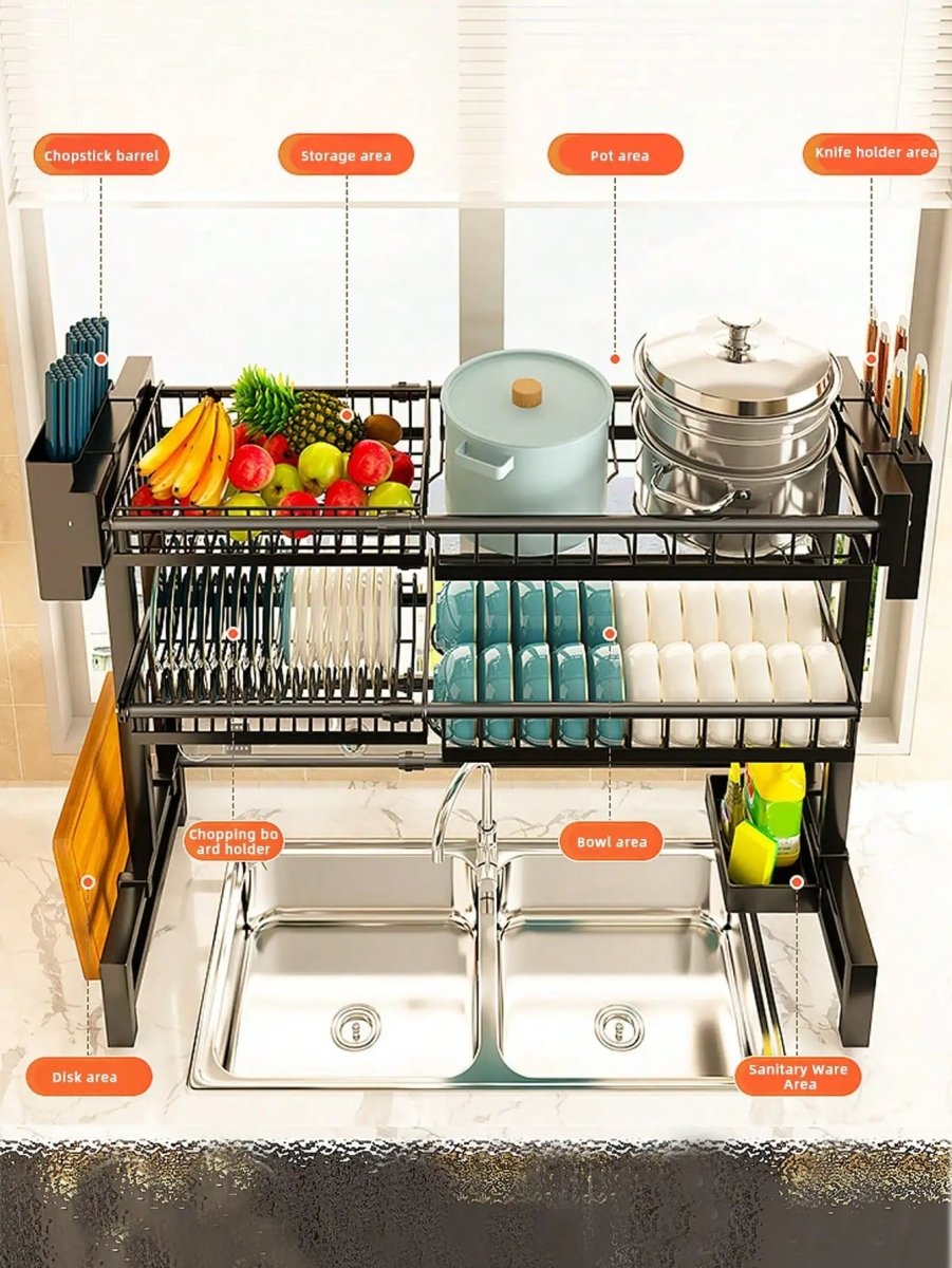 Expandable 2 - Tier Stainless Steel Sink Dish Rack with Cutlery & Chopstick Holders - Androf