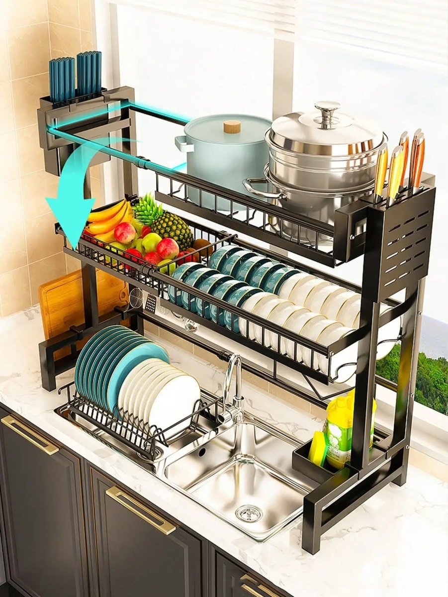 Expandable 2 - Tier Stainless Steel Sink Dish Rack with Cutlery & Chopstick Holders - Androf