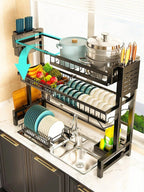 Expandable 2 - Tier Stainless Steel Sink Dish Rack with Cutlery & Chopstick Holders - Androf