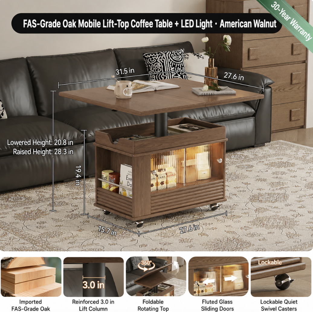 Solid Wood Transforming Coffee Table with Lift-Top & Storage