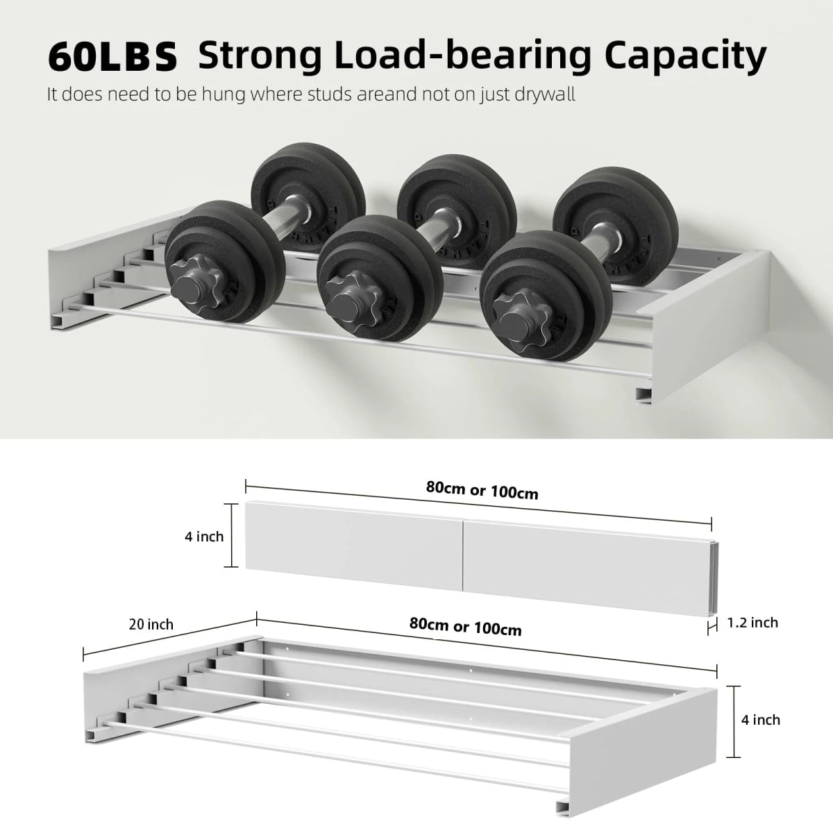 Laundry Drying Rack Collapsible Wall Mounted Clothes Drying Rack Length 80cm&1meter 5 Aluminum Rods, 60lb Capacity Laundry Racks - Androf