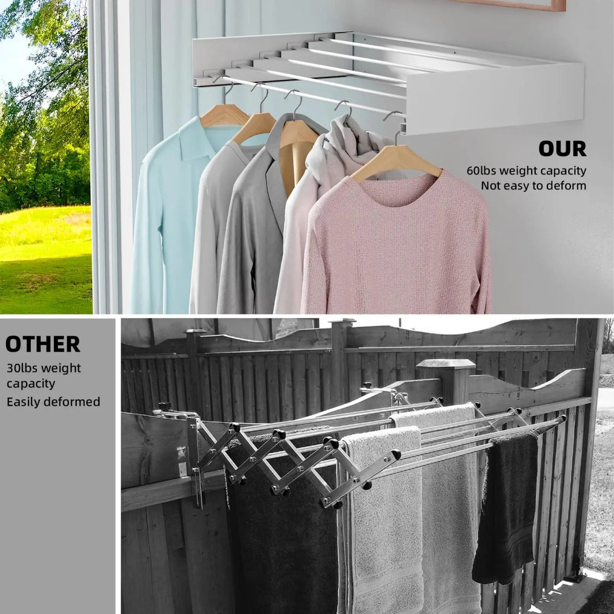 Laundry Drying Rack Collapsible Wall Mounted Clothes Drying Rack Length 80cm&1meter 5 Aluminum Rods, 60lb Capacity Laundry Racks - Androf