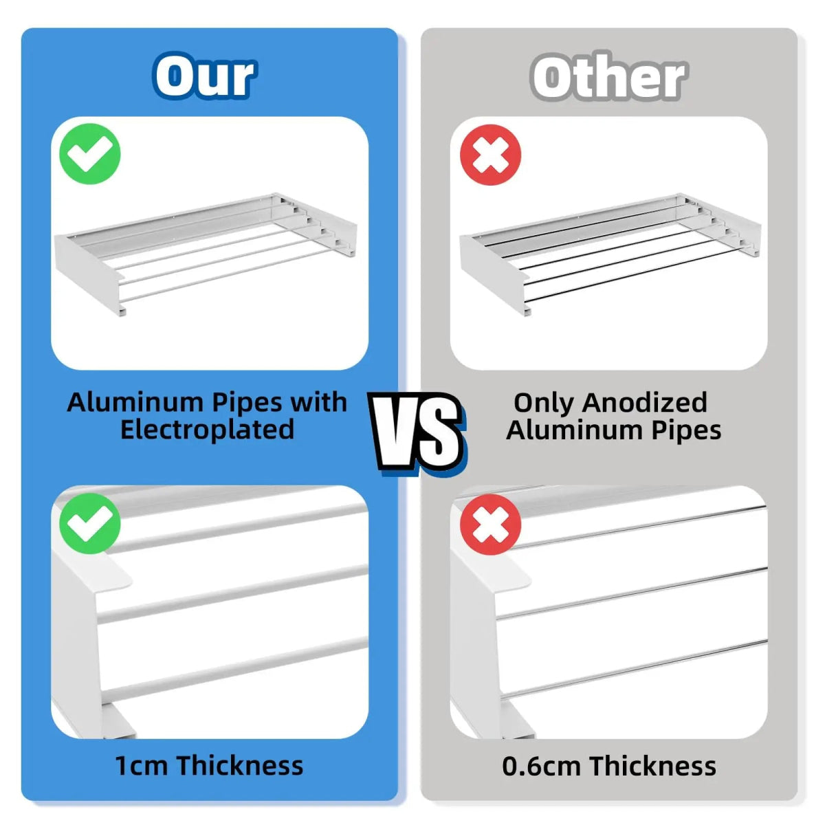 Laundry Drying Rack Collapsible Wall Mounted Clothes Drying Rack Length 80cm&1meter 5 Aluminum Rods, 60lb Capacity Laundry Racks - Androf