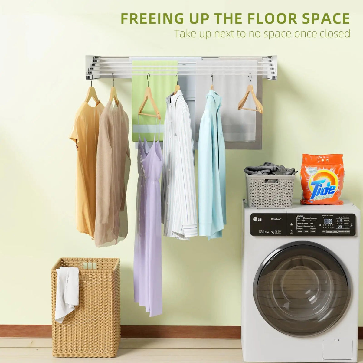 Laundry Drying Rack Collapsible Wall Mounted Clothes Drying Rack Length 80cm&1meter 5 Aluminum Rods, 60lb Capacity Laundry Racks - Androf